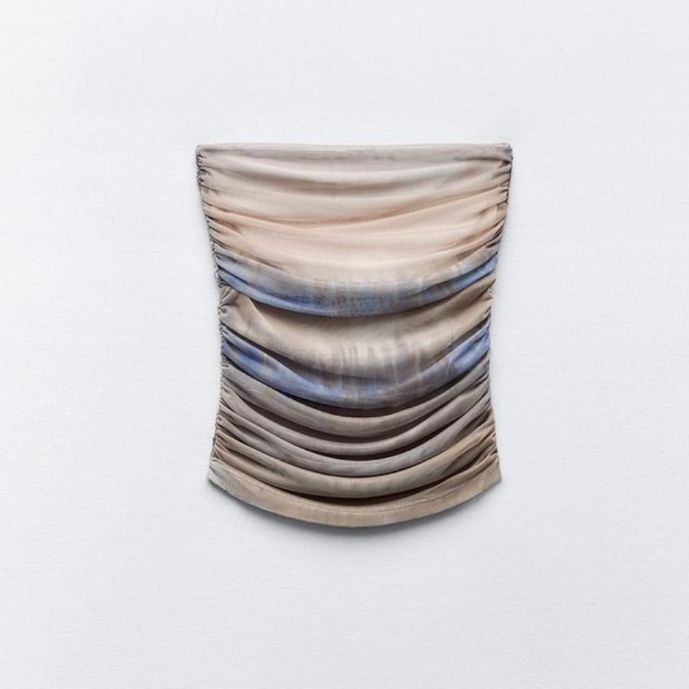 ZARA Ruched Printed Tulle Top in Tan, Cream, and Blue